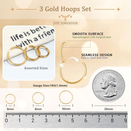 18g Nose Rings Hoop and 20g Nose Studs Sets for Women Men,Hypoallergenic 316L Surgical Stainless Steel Hinged Clicker Segment Nose Rings Hoop Helix Cartilage Daith Tragus Sleeper Earrings Silver Gold Black L Shape/Corkscrew/Straight Nose Studs Real Body Piercing Jewelry3