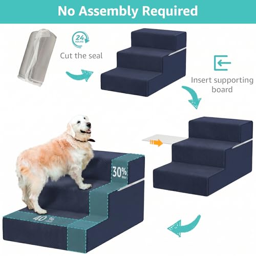 Image of YENING Large Dog Stairs for High Beds - Extra Wide Pet Steps for Large Dogs to Get on Tall Bed 3 Deep Step Cat Ramp for Couch Navy Blue