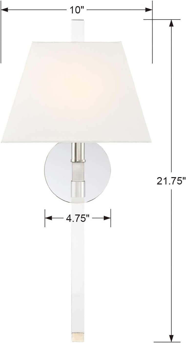 Diagram showing the dimensions of the Crystorama Renee Sconce: 10 inches wide, 21.75 inches high, and 4.75 inches deep from the wall to the base, with an overall depth of 7 inches.