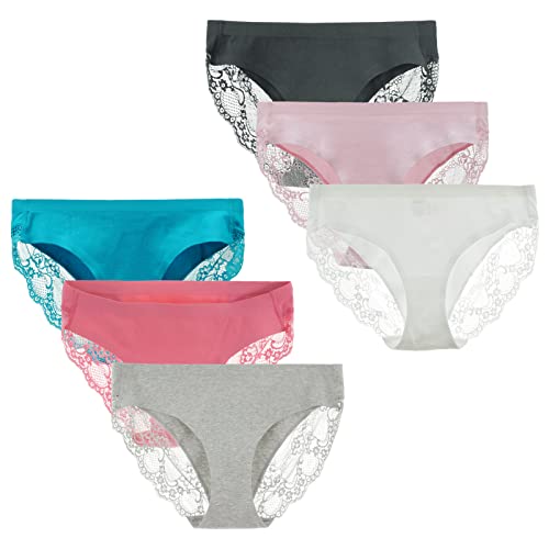LIQQY Women's 6 Pack Low Rise Cotton Lace Coverage Bikini Panties Underwear (Small, Blac/Pink/White/Blue/Gray/Rose Red)