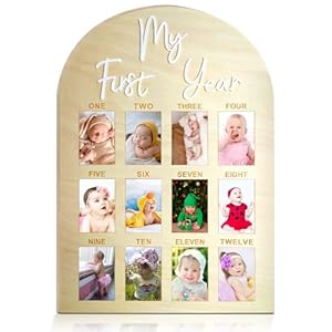 One Year Birthday Wooden Photo Board My First Year Milestone Photo Board 12 Monthly Picture Frame Baby First year Wood Acrylic Sign 1st Birthday Decorations Baby Keepsake Gift