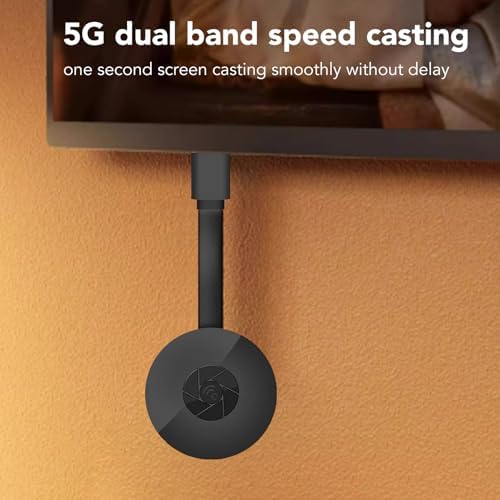 Close-up of the dongle connected to a TV, with text indicating 5G dual-band speed casting.