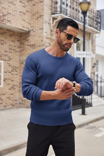 COOFANDY Mens Knitted Jumper Crew Neck Sweater Basic Narrow Stripes Knitting Shirt Long Sleeve Ribbed Jumpers Regular Fit Classic - Image 4