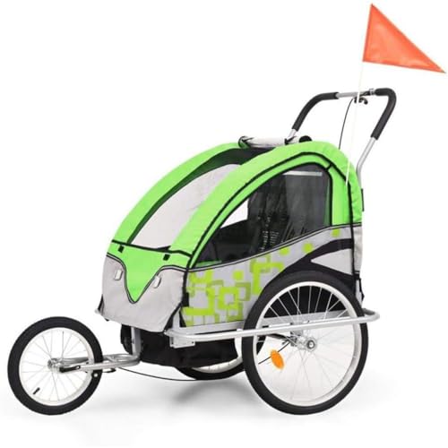 「FLYKING」子供用自転車トレーラー、0〜5歳のお子様に適しており、自転車ベビーキャリア 合金鋼、5点式安全ベルト、2人乗り折りたたみ式フレームユニバーサル自転車カプラー| 2-in-1子供用自転車ベビーカー貨物とジョギング (グリーン)