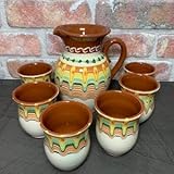 etara Wein&Feinkost Kollektion/Wein Glühwein Tee Wasser Weindekanter Set, Krug und 6 Becher aus Ton, bulgarische Tradition, Keramik, hochwertige Handarbeit (Weiß - Tropfen)