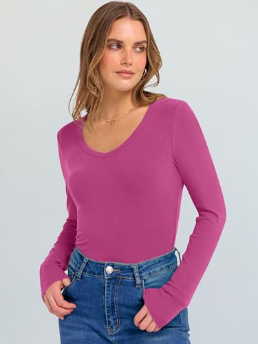 Image of ANRABESS Long Sleeve V Neck Shirts for Women | Soft Comfy Ribbed Knit Fitted Tshirts, Casual Going Out Tops, 2026 Trendy Basic, Fall Winter Underscrub Layering Clothes