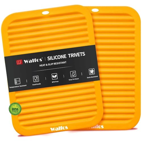 Image of Walfos Silicone Trivets Set - Heat Resistant Pot Holder, Non-Slip and Flexible, 2 Pcs Multi-Purpose Kitchen Table Mat, Prefect for Hot Dishes, Jar Opener, Spoon Holder, Oven Mitts(Orange)