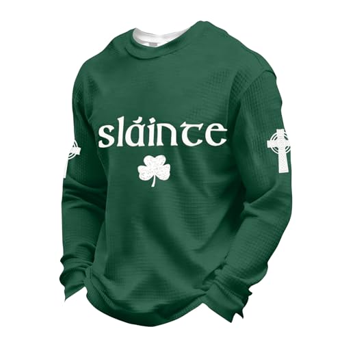 St. Patrick's Day Waffle Shirts for Men Long Sleeve Shamrock Flag Irish Top Plus Size Holiday Pullover Muscle Tee（4-Dark Green,X-Large）
