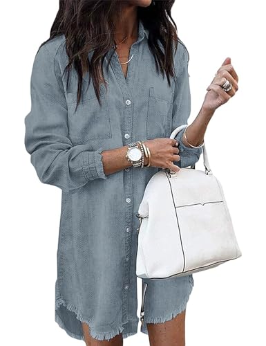 Image of Zilcremo Women Denim Dress Long Sleeve Button Down Jean Shirt | Chambray Casual Tunic Top,Distressed,Fringe Hem,Loose Fit,Mini Length,Country Concert Outfits,Daily Wear,for Spring and Fall