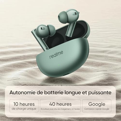 realme Casque Air 6 sans Fil véritable, Pilote Bas Profond 12,4mm, Annulation de la Cible de Bruit Actif 50 DB, Lecture 40 Heures, résistance à l'eau, LHDC 5.0, 6 ENC mic pour Appel, Vert