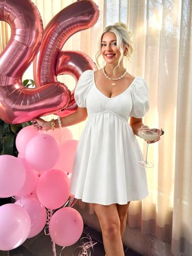 Image of Womens Babydoll Dress 2026 Summer Casual Puff Sleeve V Neck Cute Boho Smocked Flowy Short Sundress Beach Mini Dresses