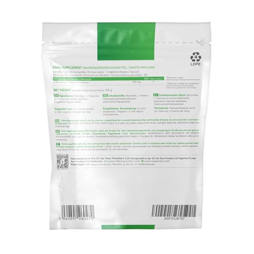 L Theanin 200mg – 180 Kapseln | Reine Formel ohne unnötige Zusätze | Flexibel dosierbar (1–2 Kapseln täglich) | Bis zu 6 Monate Vorrat | Vegan & glutenfrei | RAW Powders