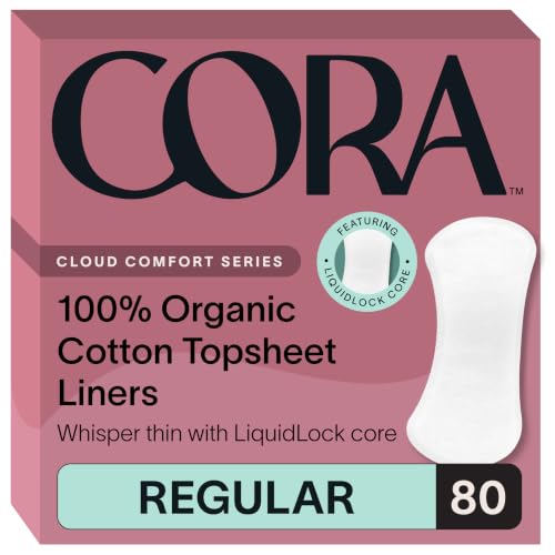 Image of Cora 100% Organic Cotton Topsheet Period Liners (80 Regular Period Liners) | Extra Thin Breathable Panty Liners, Regular Absorbency, Pillow-Soft, Organic Feminine Care