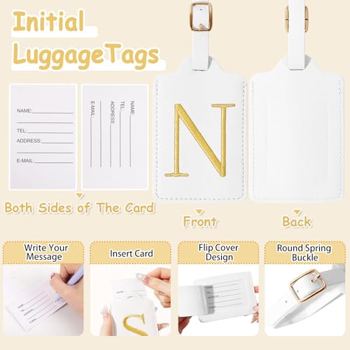 Image of Initial Letter Luggage Tags for Suitcases, Personalized Embroidered Letter Luggage Bag Suitcase Identifier Name Tag, Cute PU Leather Travel Luggage Tags, Bag Tags for Luggage Handbags(White N)