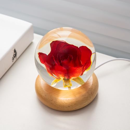 Real Flower Crystal Night Light with Wooden Base