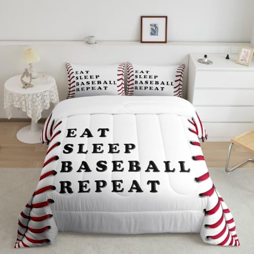 Image of Feelyou Baseball Comforter Set Queen Size Ball Pattern Bedding Set for Kids Boys Girls Eat Sleep Sports Theme Duvet Quilt Bedroom Decor Microfiber 3 Pcs with 2 Pillow Cases