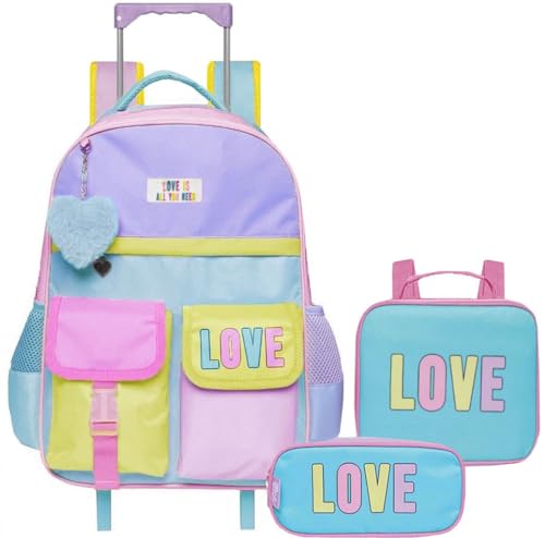 Kit Mochila Escolar Rodinhas Feminina Menina Infantil Love Azul Chaveiro Lancheira Térmica Estojo Im