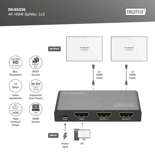 Splitter HDMI 1 entrada 2 salidas DIGITUS 4K con soporte HDR y audio DTS Dolby 3