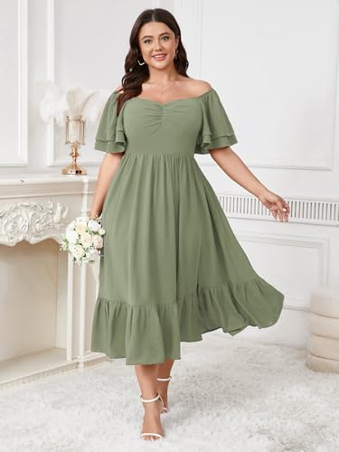 Image of SCOMCHIC Womens Plus Size Wedding Guest Cocktail Dresses Sweetheart Neckline Short Sleeve Smocked Ruffle Slit Maxi Dress