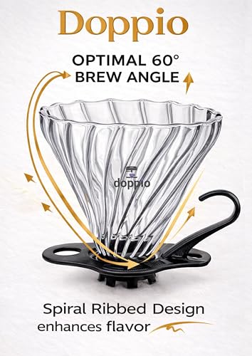 Image of DOPPIO Premium Glass Pour Over Coffee Dripper | Borosilicate V60 Style Filter | Spiral Ribbed Design | Removable Base | Reusable Manual Coffee Maker for Home & Office (Size 02, Black Handle)
