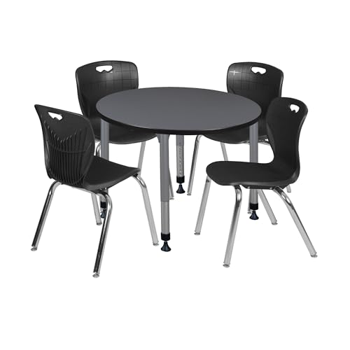 Romig Kee Round Classroom Activity Table & Chairs Height adjustable1, 42 x 42, Black|Chrome|Grey