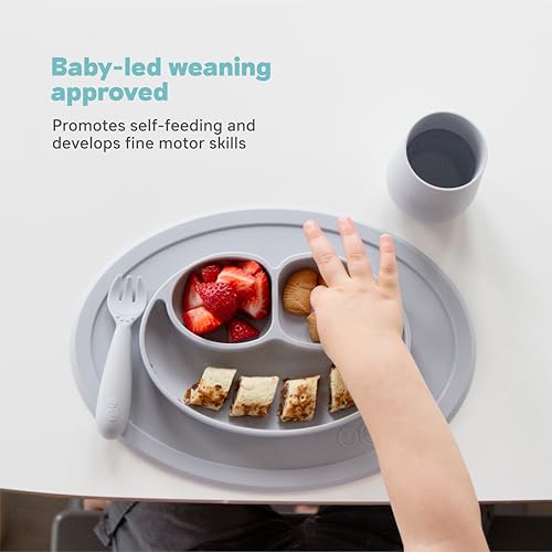 ezpz Mini Mat for 12 Months+ (Coral) - 100% Silicone Baby Plates with Suction and Built-in Placemat for Infants + Toddlers - Baby Led Weaning - For Highchair, Dining Table and Travel