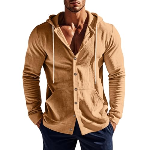 Cotton Hoodie for Mens Long Sleeve Button Down Linen Shirt Drawstring Summer Beach Hooded Shirts with Pockets Casual2