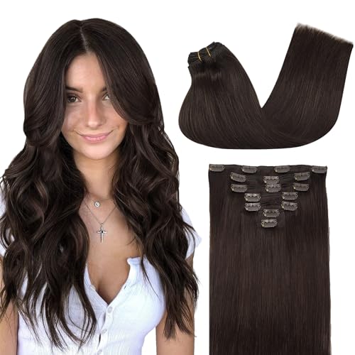 GOO GOO Clip in Human Hair Extensions, 22inch 120g 7pcs, Hair Extensions Clip in, 2A Light Brown