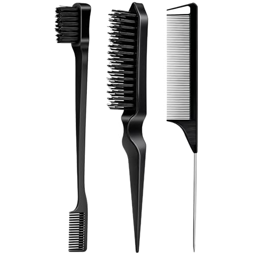 3 Pieces Hair Styling Comb Set Teasing Brush Rat Tail Comb Edge Brush for Edge&Back Brushing, Combing, Slicking Hair for Women (Black)