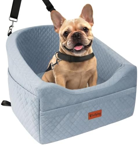 Vivifying Hunde Autositz mit Sicherheitsleine, 48x45x35 cm (Grau) | Erhöhter Sitz für kleine bis mittlere Hunde, mit Aufbewahrungstaschen, für Vorder- und Rücksitz, auf Reisen und