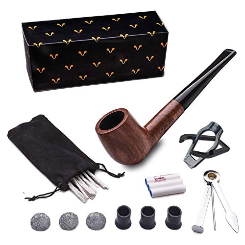Tobacco Pipe Set, Free Boy Handmade Wooden Straight Stem Pipe with Accessories (Filter Elements, Filter Balls, 3 in 1 Scraper, Pipe Cleaners, Pipe Tip Grips, Bag, Box)
