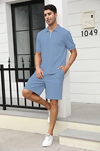 Fznhql Classic Men's 2 Piece Short Set Golf Outfits Polo Tracksuit Casual Clothing For Man Stylish And Comfortable Sports Track Suits Sky Blue Xx-Large #TOP3