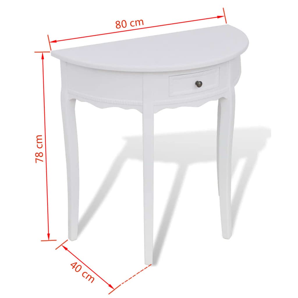 Tavolino consolle bianco con cassetto in MDF e legno di pino, semicircolare, 80 x 40 x 78 cm, tavolino salvaspazio per corridoio, soggiorno, camera da letto, con spazio per riporre oggetti