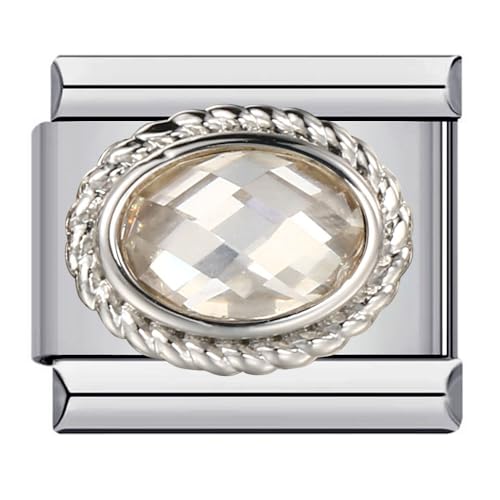 Image of Mon & Sons April White Topaz Birthday Birth Stone Month Charm Silver Italian Link Stainless Steel Bracelet Charm Compatible With 9mm Bracelet