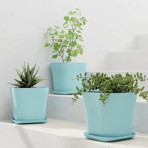 Image of StyleX Store Pack of 3 Square Plastic Flower Pot with Tray | Modern Indoor Outdoor Planter for Home Balcony Garden Office | Durable Lightweight Planter Pot | 6 Inch, Blue
