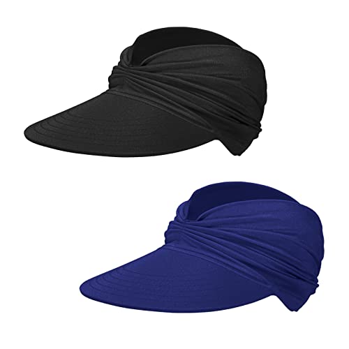 Outink Women Sun Visors Hats Uv Protection Sun Hats With Wide Brim Foldable Summer Beach Sports Caps For Young Girls (2Pack-Black+Navy Blue) #TOP16
