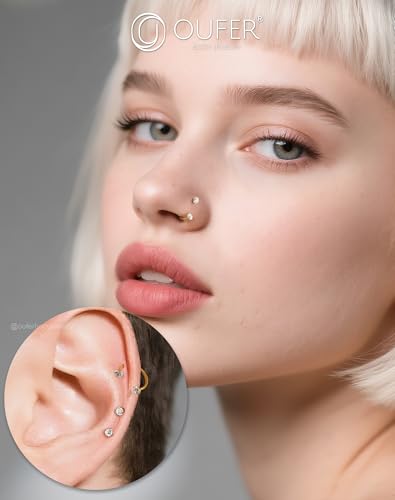 OUFER Horseshoe Nose Rings Studs, 20G Internally Threaded Nose Rings For Women, 316L Surgical Steel Double Cubic Zirconia Nose Studs, Lip Eyebrow Helix Ear Piercing Jewelry2