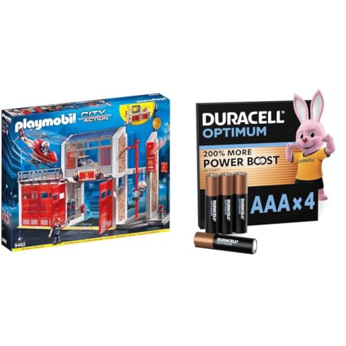 Image of Playmobil 9462 City Action Fire Station with Fire Alarm, fire fighter and helicopter toy, fun imaginative role play, playset suitable for children ages 4+ + Duracell Optimum pack of 4 AAA