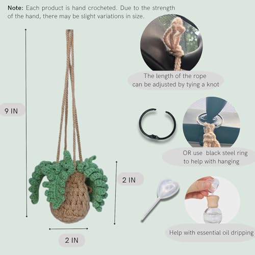 Image of ROFIGL Handmade Crochet Hanging Car Air Freshener - Botanical Fern Leaf Design with 12ml Refillable Glass Essential Oil Bottle, Long-Lasting Car Diffuser & Nature-Inspired Decor