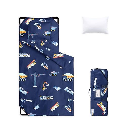Image of Wake In Cloud - Cot Nap Mat with Pillow and Blanket, 100% Cotton Fabric, for Toddler Kids Boys Ages 3 Plus in Daycare Kindergarten Preschool with Elastic Corner Straps, Cars Cranes Trucks