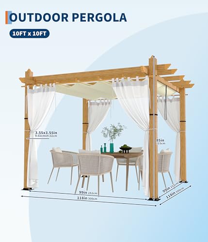 10 x 10 Ft Wood-Grain Aluminum Pergola Outdoor Pergola with Retractable Canopy Sun Shade Shelter for Garden, Patio, Backyard, Deck - Beige with Netting