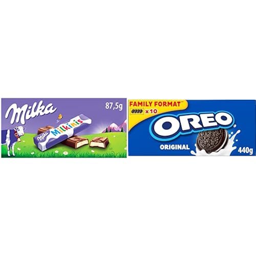 Milka Milkinis, Mini Barritas de Chocolate con Leche de los Alpes, Rellenas de Crema Láctea, 87,5 g + Oreo Galletas de Chocolate Rellenas de Crema Sabor Vainilla, La Galleta Original, Paquete de 440 g
