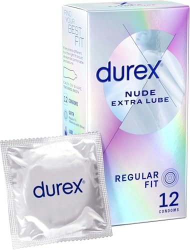 Durex Nude Extra Lube, Regular Fit, 12 Pack, Ultra Thin, Designed to Feel It All, Extra Lubrication, Silicone Lube, Easy On Shape