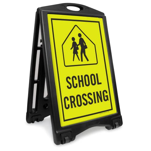 SmartSign 'School Crossing' A-Frame Sidewalk Sign Kit (with Symbol), 36' x 24', Built-In-Wheels, Double-Sided Portable Plastic Sandwich Board, Set of 1 Foldable Black A-Frame + 2 Sign Panels, USA-Made
