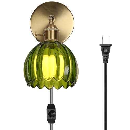Image of HuisMier Dimmable Plug in Wall Sconces, Vintage Green Tulip Glass Lampshade Wall Light with On /Off Switch, Modern 180 Degree Adjustable Brass Wall Sconces for Bathroom Bedroom Hallway, Plug in