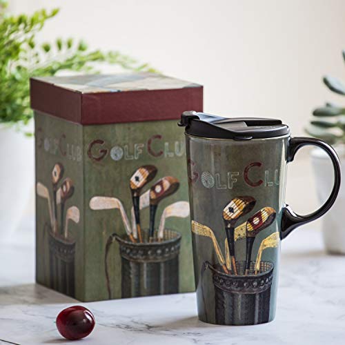 DUSVALLY Ceramic Mug Tall Mug Coffee Mug with Lid and Gift Box 17oz.Golf Club, Medium