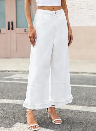 EVALESS Wide Leg Jeans for Women 2026 Trendy Mid-Rise Cropped Baggy Jeans Loose Fit Cute Ruffle Hem Trouser Denim Pants with Pockets White Size 14 — view 3