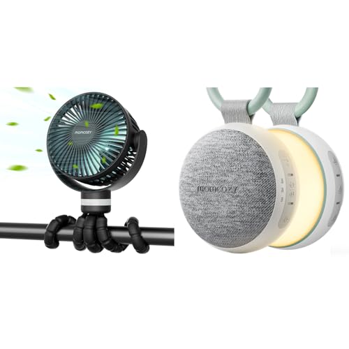 momcozy WN06 Ruido Blanco Bebe Portátil con 20 Sonidos Relajantes y Anillo para Llevarlo Afuera，PF01 8000mAh Ventilador Portátil para Cochecito con 360°Rotación,4 Velocidades
