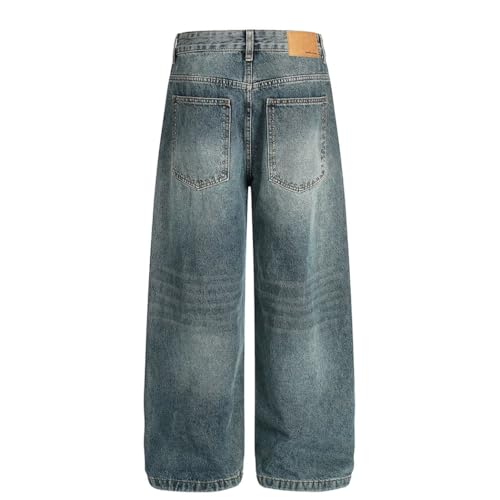 Men’s Retro Pocket Jeans with Rivets, Washed Distressed, Casual Loose Fit Wide Leg Denim Pants3