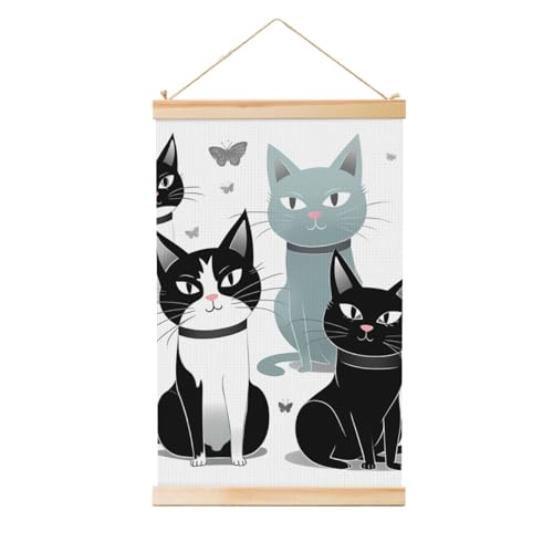 Cintre en bois à suspendre pour poster de chats noirs et blancs et peinture murale rétro